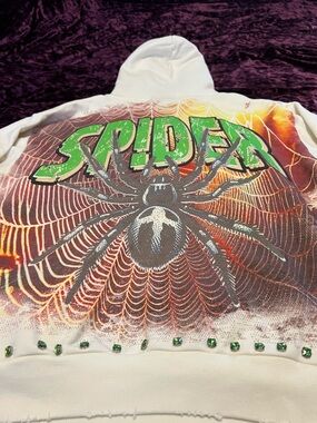Stray Spider Graphic Rhinestone Cream Pullover Hoodie Men Size S